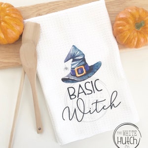 Basic Witch Tea Towel, Halloween Decor Tea Towel, Witch Kitchen Towel, Farmhouse Fall Towel, Halloween Decor, Trick or Treat Kitchen Towel image 3