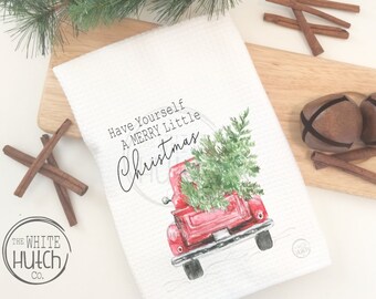 Christmas Truck decor, Merry Christmas Kitchen Towel, Red Christmas Truck, Kitchen Tea Towel, Vintage Christmas Towel, Holiday Decor Towel