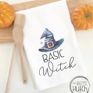 Basic Witch Tea Towel, Halloween Decor Tea Towel, Witch Kitchen Towel, Farmhouse Fall Towel, Halloween Decor, Trick or Treat Kitchen Towel image 1