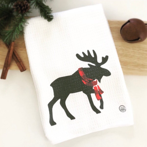 Moose Christmas Towel, Bufflao Check Moose Towel, Christmas Kitchen Towel, Moose Christmas Decor, Kitchen Tea Towel, Red Flannel Decor