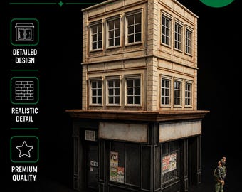 May include: A 1/12 scale city corner building set with detailed design and realistic detail. The model features a two-story building with multiple windows. The building is designed for 6-7 inch figures. The image also includes the text "FREE SHIPPING".