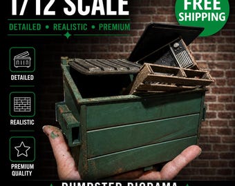May include: A 1/12 scale dumpster diorama in weathered green, designed for 15-18 cm figures. The miniature dumpster features a hinged lid and realistic details. The image includes the words "Detailed", "Realistic", and "Premium".