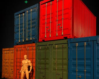 May include: A display system with stackable, modular shipping containers in shades of red, blue, orange, and green. Designed for 6-7 inch figures. The image text reads "1/12 Scale Modular". The containers are a detailed design.