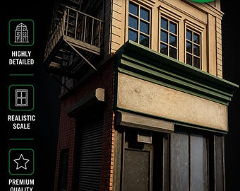 May include: A detailed 1/12 scale urban corner building model with a realistic design. Features include a brick facade, windows, and a fire escape. The model is designed as a display system for 15-18 cm figures.