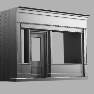 May include: A grayscale architectural rendering of a storefront. The building features a brick facade, a recessed doorway, and a large display window. The design includes detailed molding and a simple, elegant aesthetic.