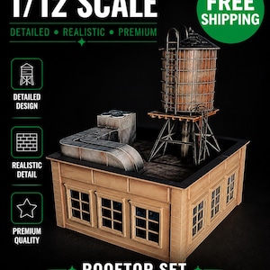 May include: A detailed 1/12 scale rooftop set with a water tower, vents, and building facade. The set is designed for 6-7 inch figures. The image includes text that says "Detailed", "Realistic", and "Premium".