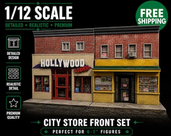 May include: A detailed 1/12 scale city store front set, including a Hollywood Video store and a shop with a "For Rent" sign. The set features realistic brickwork, windows, and signage, perfect for 15-18 cm figures. The set is detailed, realistic, and premium quality.