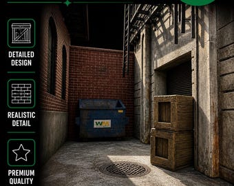 May include: A 1/12 scale urban alley diorama set featuring a brick wall, a blue skip, wooden crates, and a concrete ground. The set is designed for 15-18 cm figures. The image also includes the text "Detailed, Realistic, Premium".