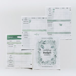 May include: A set of printable wedding budget worksheets with a green watercolor background and floral illustrations. The worksheets include sections for budgeting various wedding expenses, such as venue, catering, and photography. The title of the worksheets is "wedding Budget worksheets" and the website address "www.thetwentyseventhroom.com" is printed at the bottom.