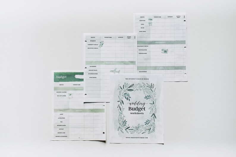 May include: A set of printable wedding budget worksheets with a green watercolor background and floral illustrations. The worksheets include sections for budgeting various wedding expenses, such as venue, catering, and photography. The title of the worksheets is "wedding Budget worksheets" and the website address "www.thetwentyseventhroom.com" is printed at the bottom.