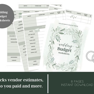 May include: Printable wedding budget worksheets with a green floral design. The worksheets track vendor estimates, payments, and more. The text "The Internet's Maid of Honor" and "wedding Budget worksheets" is included.