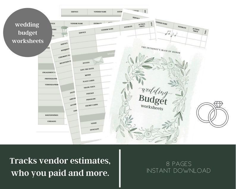 May include: Printable wedding budget worksheets with a green floral design. The worksheets track vendor estimates, payments, and more. The text "The Internet's Maid of Honor" and "wedding Budget worksheets" is included.