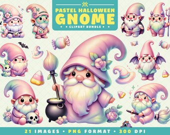 Pastel Halloween Gnome Clipart, 21 archivos PNG, Gnomo de Halloween, Lindo Arte Espeluznante para Scrapbooking, Invitaciones, Manualidades, Descarga Digital