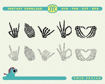 May include: Set of eight black skeleton hand SVG cut files. The hands are making different gestures, including rock and roll, peace sign, and heart shape.