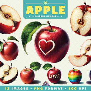 Apple Clipart, 12 PNG Files, High-Resolution, Teacher Clipart,  Fruit Art for Scrapbooking, Invitations, Crafts, Digital Download