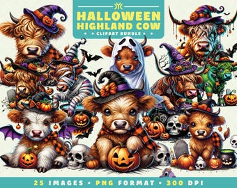 Halloween Highland Cow Clipart, 25 PNG Files, High-Resolution, Spooky Cute Art for Scrapbooking, Invitations, Crafts, Digital Download
