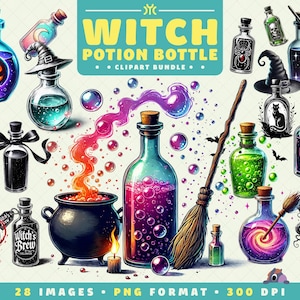 Puede incluir: Un conjunto de 28 imágenes de clipart de botellas de poción de bruja en formato PNG. Las imágenes presentan varias botellas llenas de líquidos coloridos, algunas con burbujas, y otros elementos mágicos como un caldero, una escoba y un sombrero de bruja. Las imágenes son perfectas para crear proyectos con temas de Halloween o fantasía.