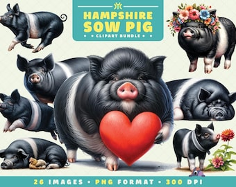 Hampshire Sow Pig Clipart, 26 PNG Files, High-Resolution, Farm Animal Art for Scrapbooking, Invitations, Crafts, Digital Download