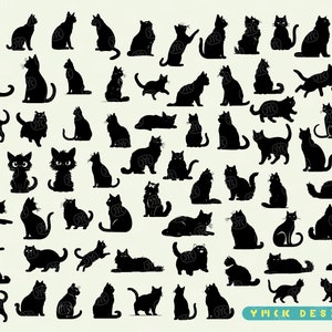 May include: A collection of 50 black cat silhouettes in various poses, including sitting, standing, lying down, and jumping. The silhouettes are all facing different directions and are arranged in a grid pattern. The background is a light beige colour.