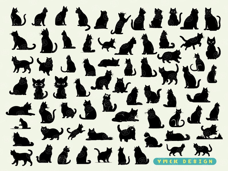 May include: A collection of 50 black cat silhouettes in various poses, including sitting, standing, lying down, and jumping. The silhouettes are all facing different directions and are arranged in a grid pattern. The background is a light beige colour.