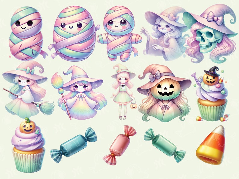 Puede incluir: Un conjunto de 12 im&aacute;genes de clipart digital con tem&aacute;tica de Halloween con personajes y objetos lindos de color pastel. El conjunto incluye momias, brujas, calabazas, cupcakes, caramelos y un perro de ma&iacute;z.