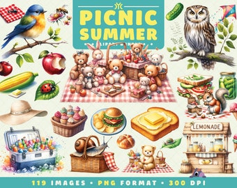 Zomerpicknick clipart, 119 PNG-bestanden, hoge resolutie, zomer PNG, seizoensgebonden kunst voor scrapbooking, uitnodigingen, ambachten, digitale download