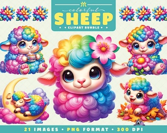 Lindas imágenes prediseñadas de ovejas coloridas, paquete de imágenes prediseñadas de ovejas, animales de granja, arte animal, ovejas bebés, acuarela PNG, decoración de vivero