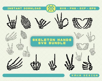 May include: A set of 16 black and white skeleton hand SVG cut files. The hands are in various poses, including peace signs, rock and roll signs, and heart shapes. The text "Skeleton Hands SVG Bundle" is in a blue box.