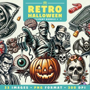 Clipart retrò di Halloween, 33 file PNG, ad alta risoluzione, arte vintage di Halloween per Scrapbooking, inviti, artigianato, download digitale