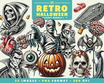 Retro Halloween Clipart, 33 PNG Files, High-Resolution, Vintage Halloween Art for Scrapbooking, Invitations, Crafts, Digital Download