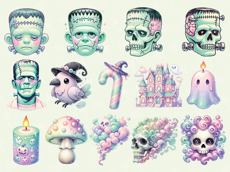 Puede incluir: Un conjunto de 14 ilustraciones digitales con una variedad de personajes y objetos con tem&aacute;tica de Halloween. Las ilustraciones est&aacute;n en una paleta de colores pastel y presentan una mezcla de elementos lindos y espeluznantes. Algunos de los personajes incluyen un monstruo de Frankenstein, un fantasma, una bruja y una calavera. Los objetos incluyen una ca&ntilde;a de az&uacute;car, una casa encantada y un hongo.