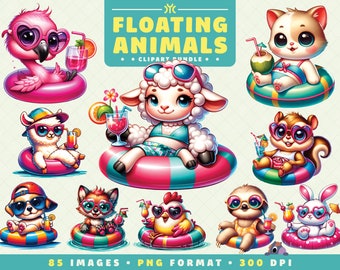 Floating Animals Clipart Bundle, Animals Clipart, Summer PNG, Beach Clipart, Swim Ring PNG, Watercolor Animals, Nursery Decor
