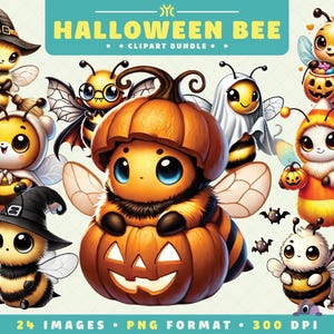 May include: A set of 24 digital clipart images featuring cute cartoon bees dressed in various Halloween costumes. The bees are wearing costumes such as a witch, a ghost, a pumpkin, a candy corn, and a vampire. The images are in PNG format and are 300 DPI.