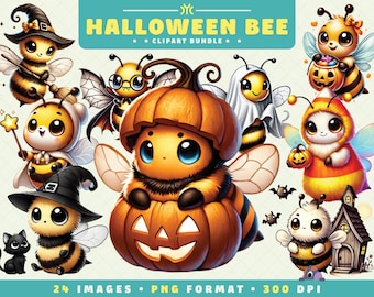 Cute Halloween Bee Clipart, 24 PNG Files, High-Resolution, Spooky Cute Art for Scrapbooking, Invitations, Crafts, Digital Download