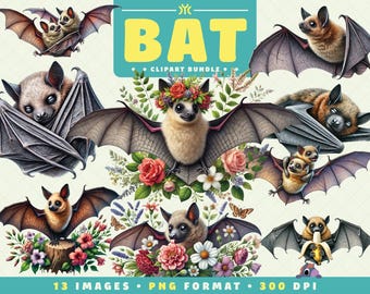 Bat Clipart, 13 PNG Files, High-Resolution, Watercolor clipart, Halloween Art for Scrapbooking, Invitations, Crafts, Digital Download