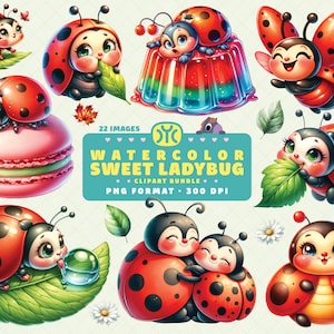 Watercolor Sweet Ladybug Clipart, Sweet Bugs PNG, Desserts PNG, Sweet Insects, Cute Ladybug PNG, Nursery Decor