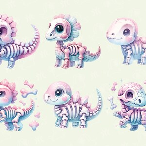 May include: Six cartoon dinosaur skeletons in various poses, with pastel pink and blue colors. The dinosaurs are all smiling and have large eyes. Some of the dinosaurs have bones scattered around them.