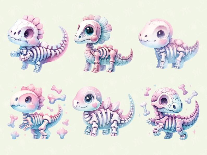May include: Six cartoon dinosaur skeletons in various poses, with pastel pink and blue colors. The dinosaurs are all smiling and have large eyes. Some of the dinosaurs have bones scattered around them.