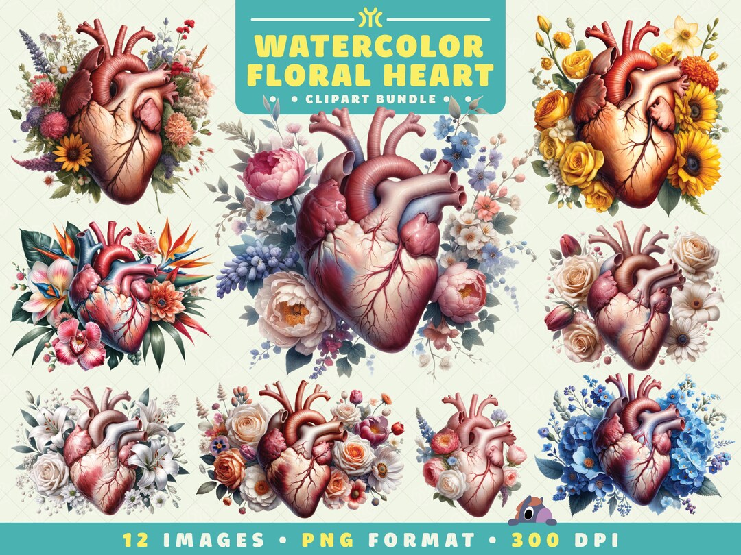 Watercolor Floral Heart Clipart, Heart Clipart Bundle, Flowers PNG ...