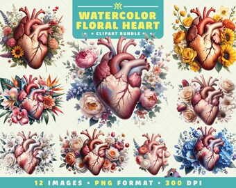 Watercolor Floral Heart Clipart, Heart Clipart Bundle, Flowers PNG, Heart Flowers, Love Heart Clipart, Valentines Heart PNG
