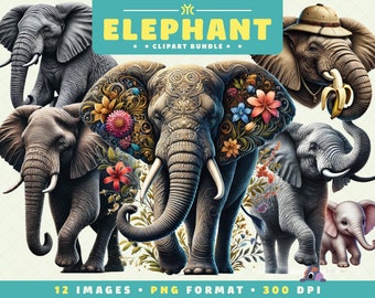 Elephant Clipart, 12 PNG Files, High-Resolution, Realistic PNG, Wildlife Art for Scrapbooking, Invitations, Crafts, Digital Download