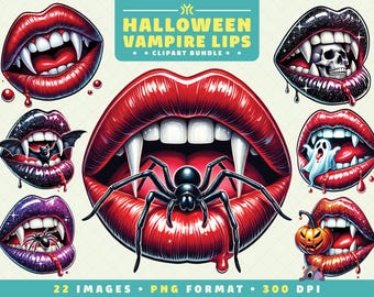 Halloween Vampire Lips Clipart, 22 PNG Files, High-Resolution, Spooky Cute Art for Scrapbooking, Invitations, Crafts, Digital Download