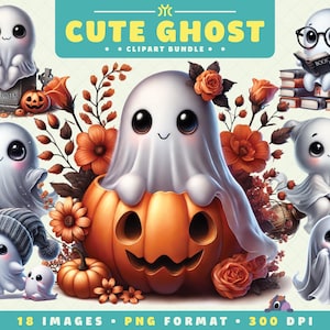 Cute Ghost Clipart, 18 PNG Files, Spooky Season, Adorable Halloween Art for Scrapbooking, Invitations, Crafts, Digital Download