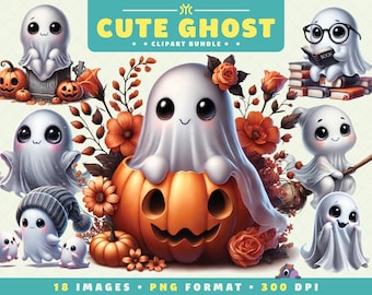 Cute Ghost Clipart, 18 PNG Files, Spooky Season, Adorable Halloween Art for Scrapbooking, Invitations, Crafts, Digital Download