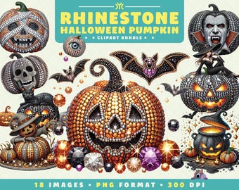 Rhinestone Halloween Pumpkin Clipart, 18 PNGs, High-Resolution, Sparkling Spooky Art for Scrapbooking, Invitations, Crafts, Digital Download
