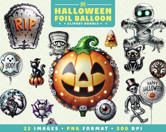 Halloween Foil Balloon Clipart, 22 PNG Files, High-Resolution, Spooky Festive Art for Scrapbooking, Invitations, Crafts, Digital Download