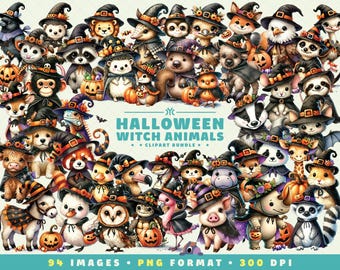 Halloween Witch Animals Clipart, 94 PNG Files, High-Resolution, Spooky Cute Art for Scrapbooking, Invitations, Crafts, Digital Download