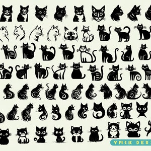 May include: A collection of 50 black and white cat silhouette illustrations in various poses. The illustrations are simple and stylised, and they would be perfect for use in a variety of projects, such as scrapbooking, card making, or digital design.