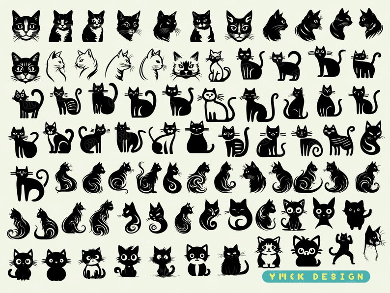 May include: A collection of 50 black and white cat silhouette illustrations in various poses. The illustrations are simple and stylised, and they would be perfect for use in a variety of projects, such as scrapbooking, card making, or digital design.