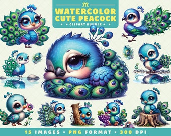 Watercolor Cute Peacock Clipart, Peacock PNG, Peacock Clipart Bundle, Nursery Decor, Wildlife Art
